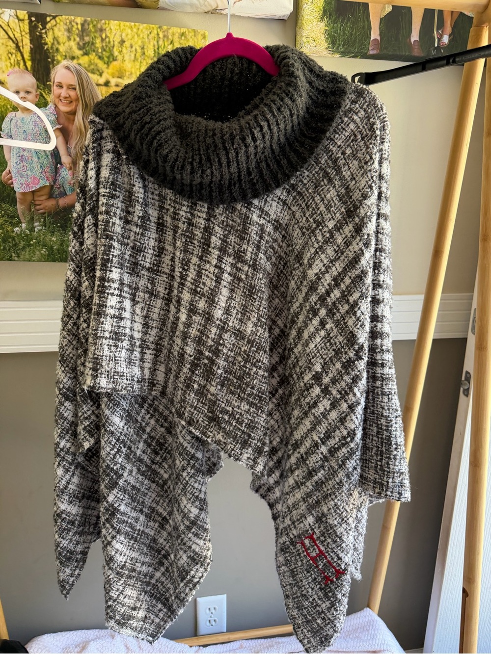 Cozy Black & White Plaid Cowl Neck Women's Sweater Poncho monogrammed with H